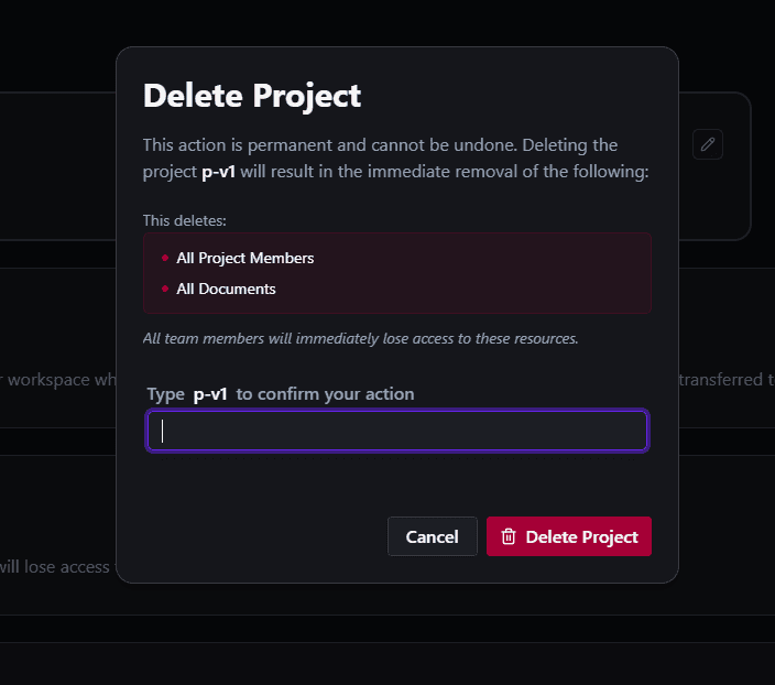 Delete Project confirmation dialog requiring the project name to be typed before deleting