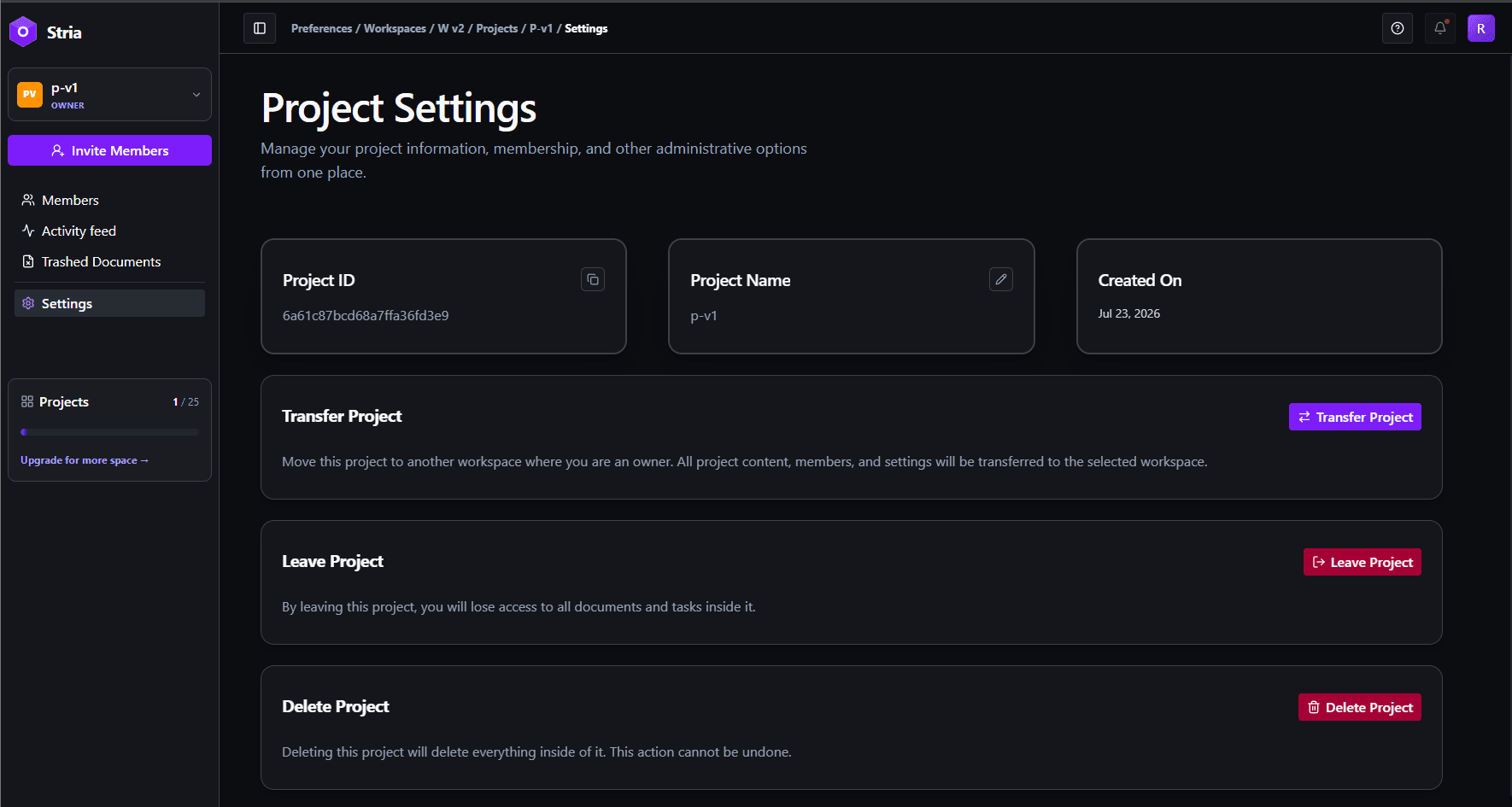 Project Settings page with the Delete Project section and button highlighted