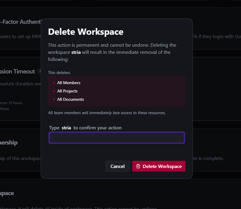 Delete Workspace confirmation dialog requiring the workspace name to be typed before deleting