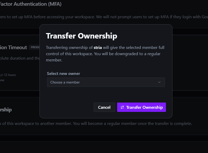Transfer Ownership dialog with a dropdown to select the new owner