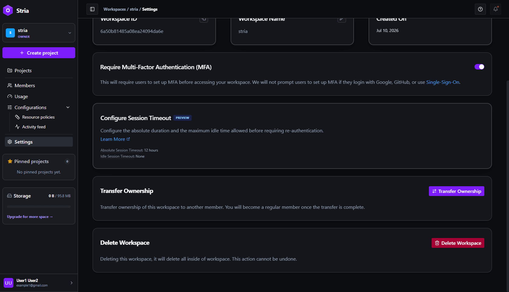 Workspace Settings page with the Transfer Ownership section and button highlighted