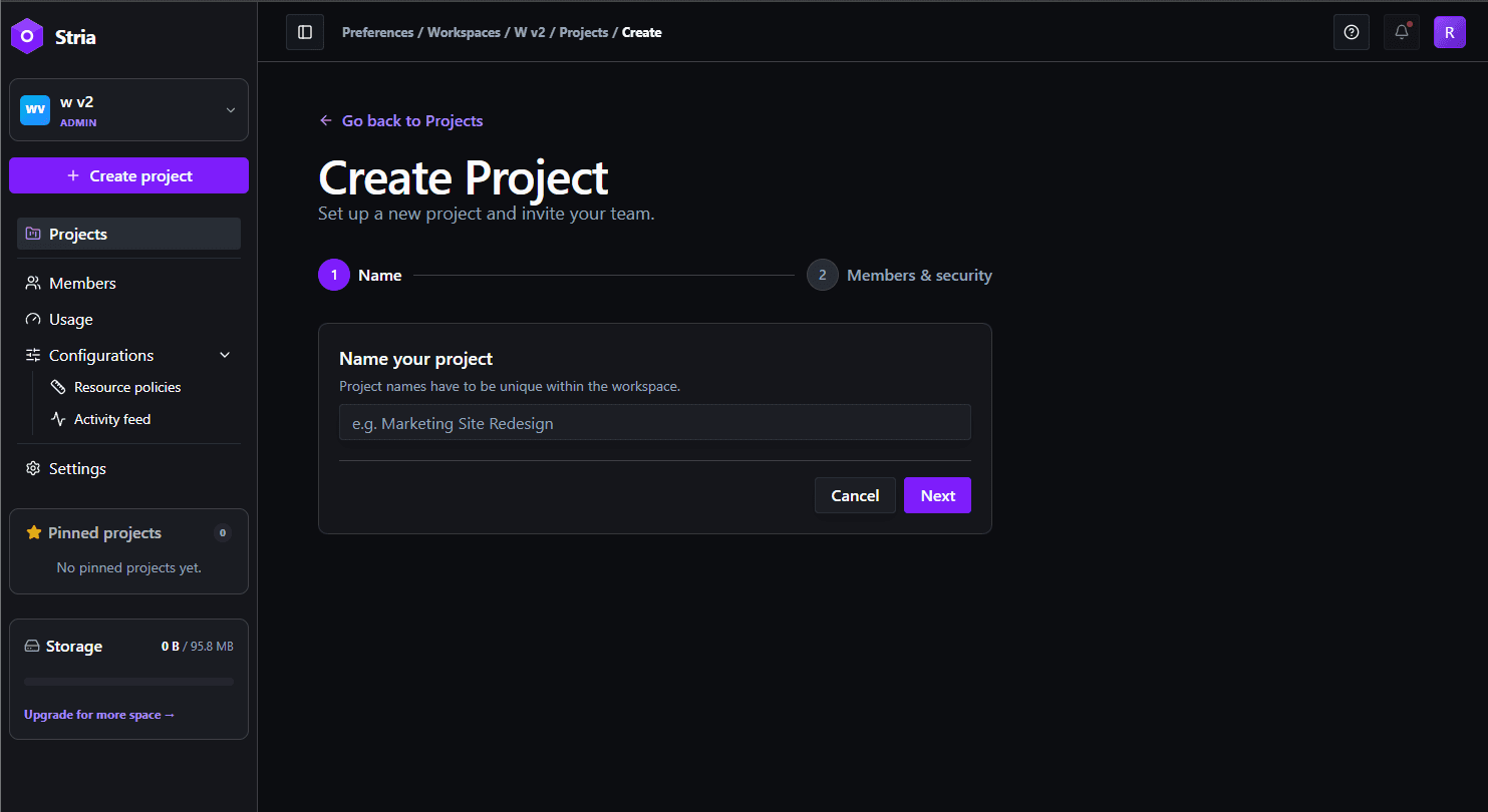 New Project dialog with name field and Create button