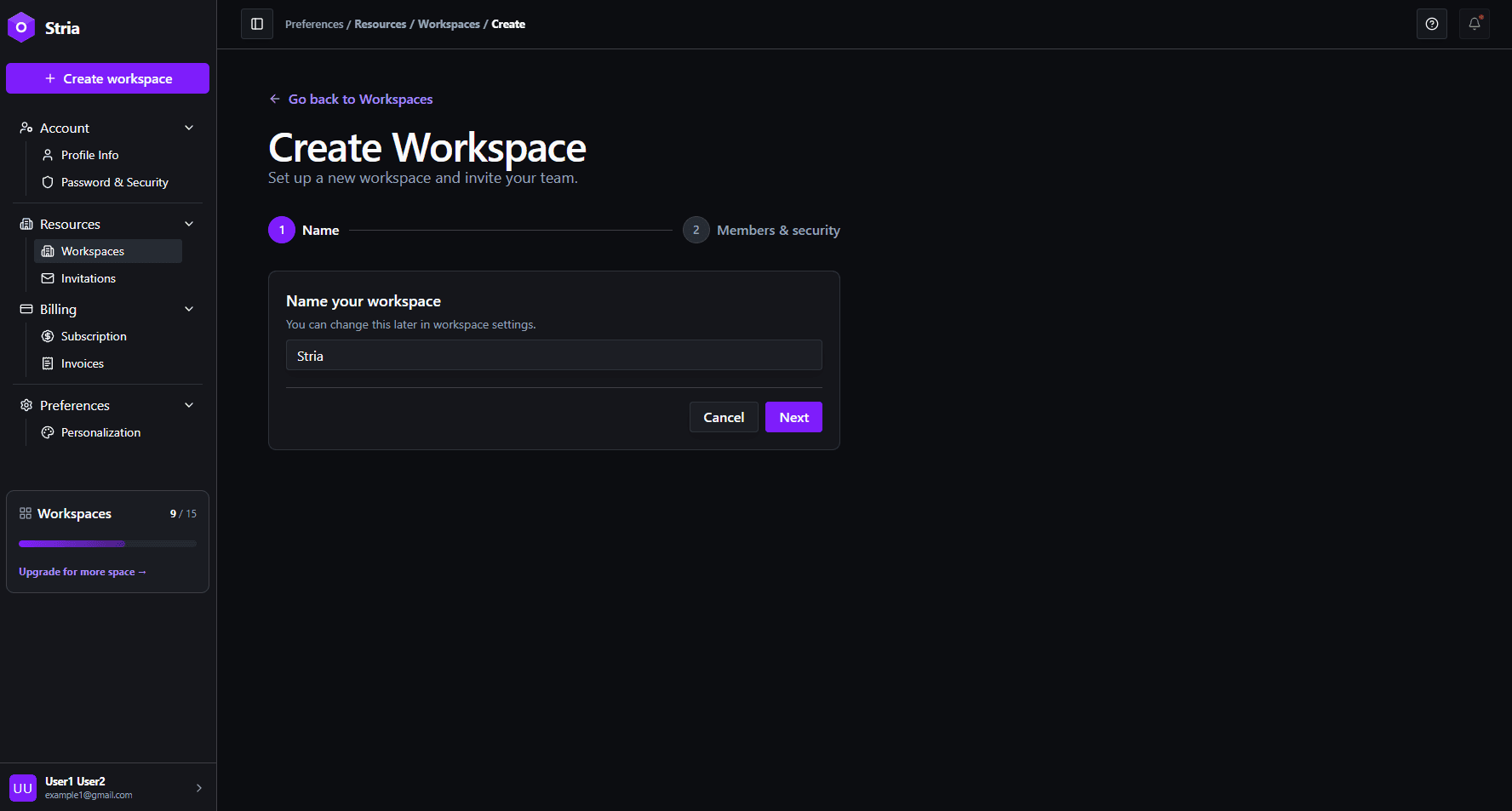 New Workspace dialog with name field and Create button